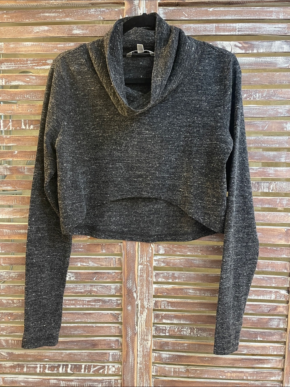 CAbi Charcoal Heathered Cropped Cowl Neck Sweater